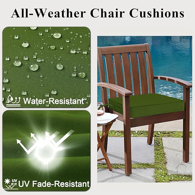 Outdoor Chair Cushions 19x19x4 Inch, Waterproof Green Patio Furniture Cushions Set of 2 with Ties & Handle, 3 Year Color Fastness Square Replacement Seat Cushions for Sofa, Couch