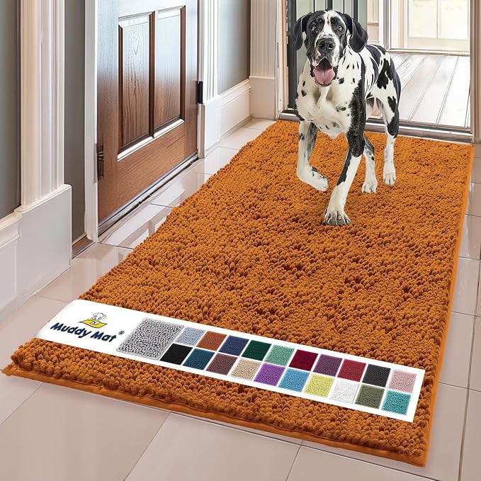 Muddy Mat® | Super Water Absorbent Door Mat Indoor, Microfiber Quick Dry Chenille Entryway Rug, Slip Resistant Front Door Mat, Indoor Mats for Entryway, Machine Washable Pet Rug, Orange 24" x 72"
