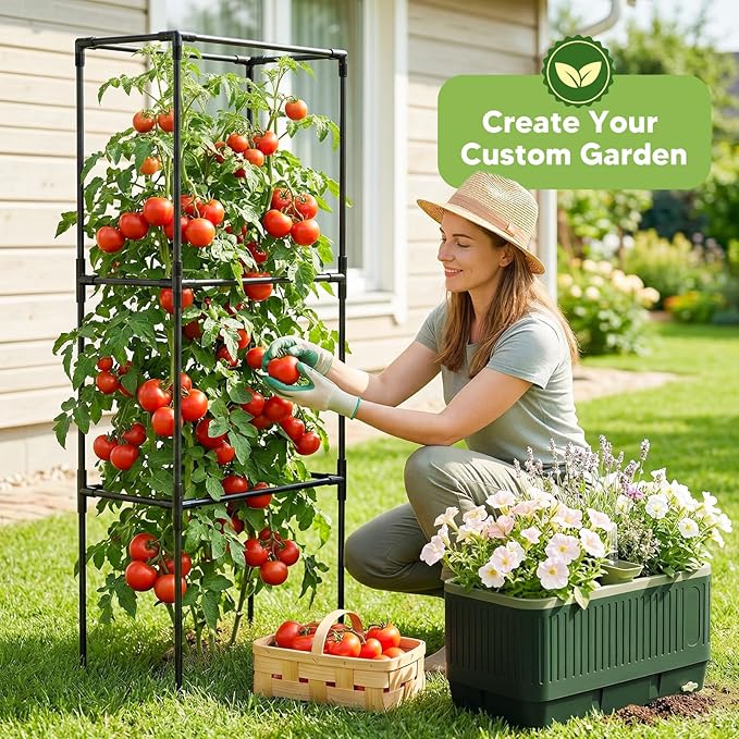 Raised Garden Bed with Tomato Cages，52"/4.3ft Tomato Planter with Trellis,Adjustable Height,Self Watering Planter Box for Vegetables & Climbing Plant Indoor Outdoor Balcony Patio (2)