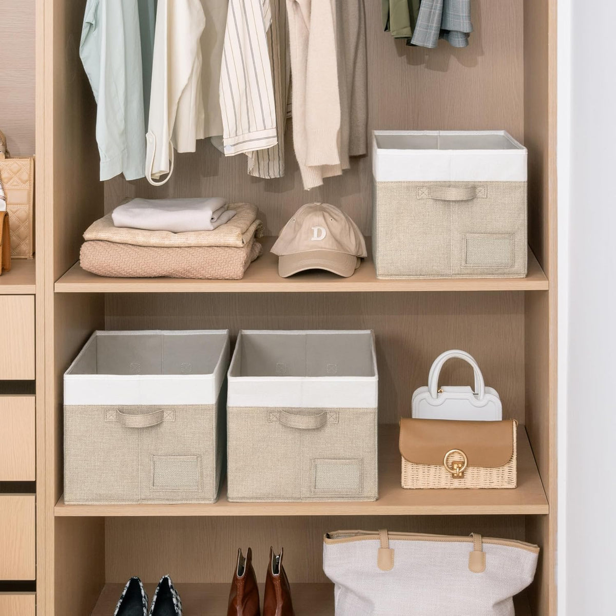 GRANNY SAYS Closet Storage Baskets for Shelves, Large Fabric Storage Bins, Collapsible Clothing Storage and Organization, Decorative Storage Bins, Khaki&Ivory, Extra Large, 3-Pack