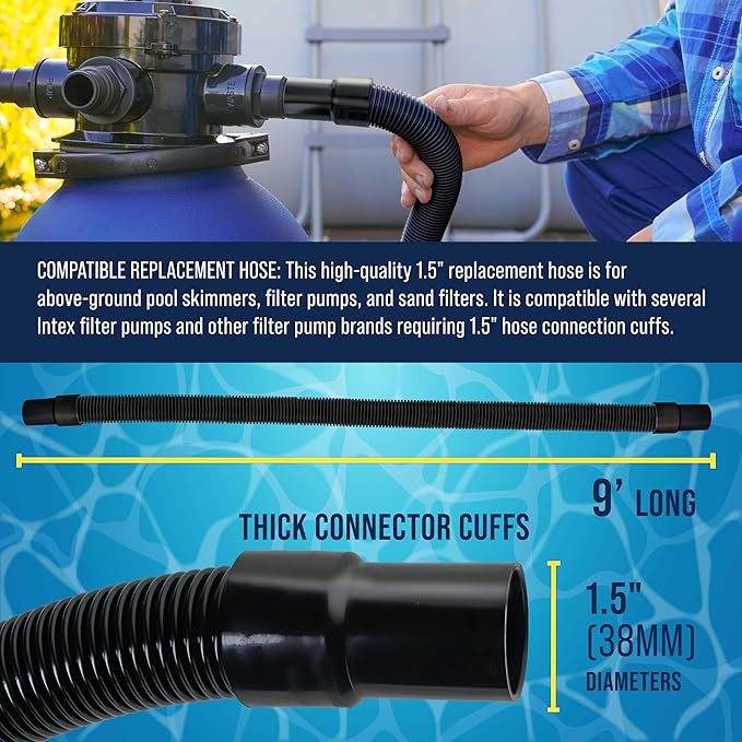 U.S. Pool Supply 9 Foot Heavy-Duty Above Ground Pool Hose, 1.5" - Black Replacement Filter Connecting Hose, Flexible Spiral Wound EVA - Compatible with Intex for Pool Filter Pumps - Skimmer Pump