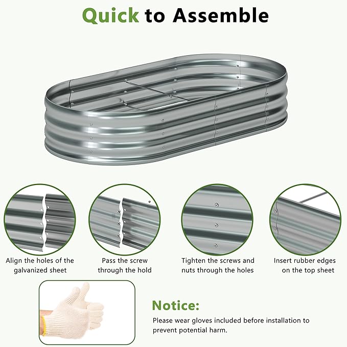 Foxlang 8x4x1ft(2 Pack) Galvanized Oval Raised Garden Bed,Outdoor Planter Box Metal Patio Kit Planting Bed for Vegetables Flowers Herb,Silver