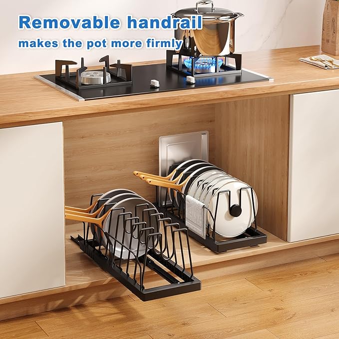 2 Pack Pots and Pans Organizer Under Cabinet, 21.6" Deep Pull Out Pot Lid Organizer Holder with Guardrail Adhesive Pot and Pan Holder Rack with 10 Adjustable Dividers(Black)