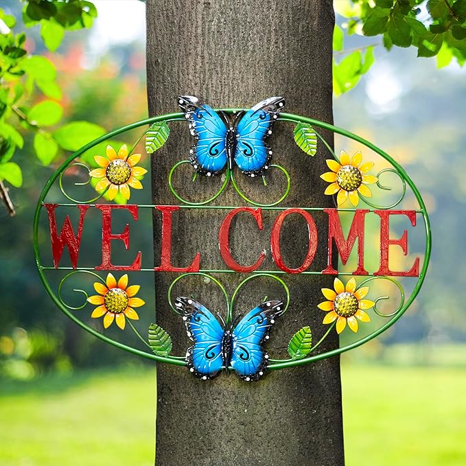 Glitzhome Metal Welcome Wall Decor - Outdoor/Indoor Vibrant Sunflower & Butterfly Garden Art for Porch Patio Yard
