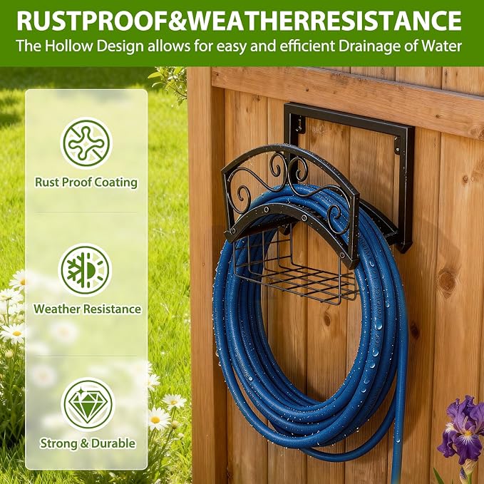 BOLITE Garden Hose Holder Wall Mount, Heavy Duty Metal Water Hose Holder with Basket for Outside, Hose Storage Holds 150FT Water Pipe for Yard, Lawn, Garden, Farm, Gifts for Women Men