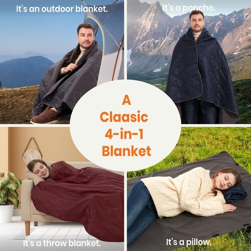 sheelokhwui 4-in-1 Large Outdoor Blanket - Waterproof & Windproof Thickened Warm Fleece Camping Blanket for Stadium, Hiking, Sporting Events - 81"x57", Packable (Dark Gray)