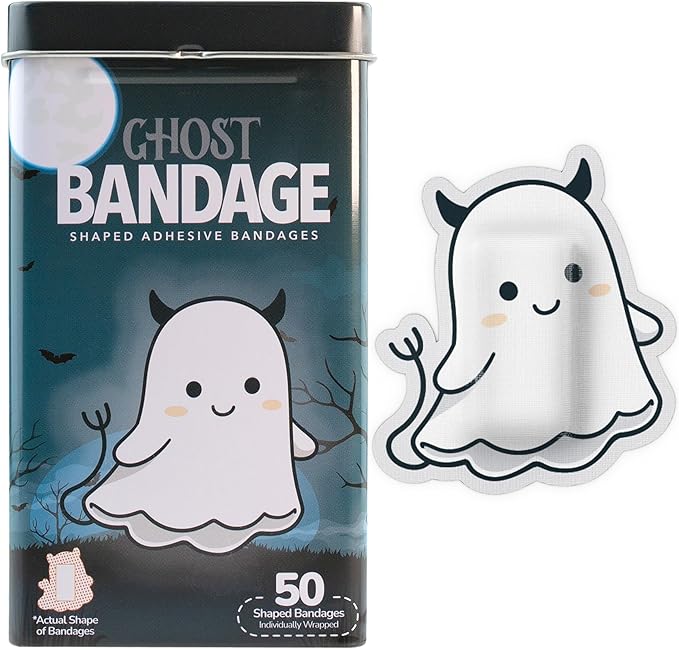 BioSwiss Kids Bandages, Halloween Ghost Shaped Self Adhesive Bandage Set, Latex Free, Sterile Wound Care, 50 Count