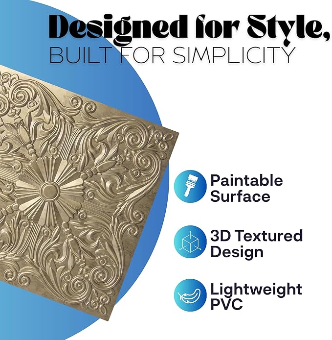 Art3d 12-Pack PVC Drop Ceiling Tiles, 2ft x 2ft, Floral Gold