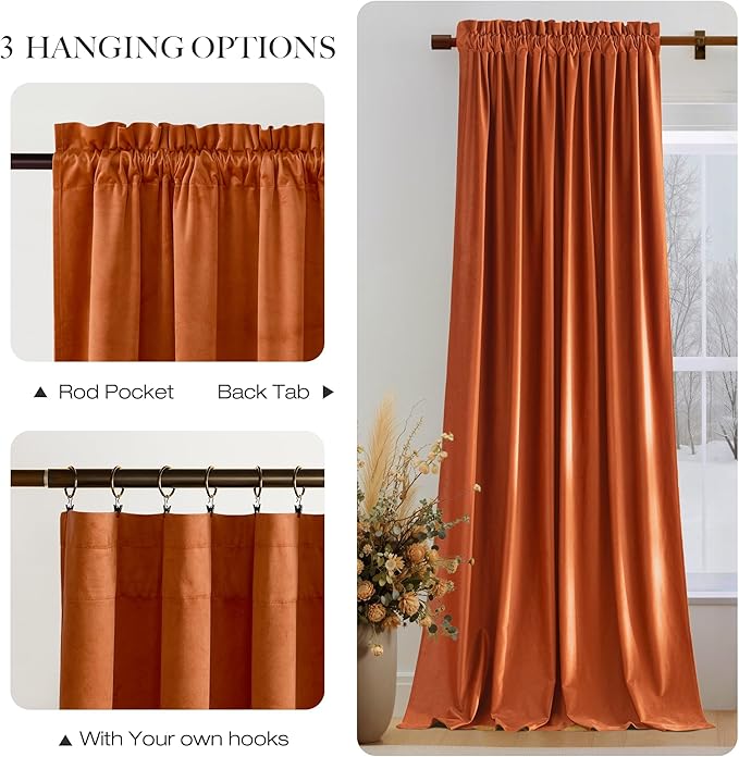 NICETOWN Orange Velvet Curtains 96 inch Long