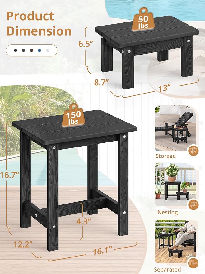 LUE BONA Outdoor Side Table, 2-Tier HDPS Outdoor Nesting End Table with Removable Small Foot Stool for Patio, Deck, Poolside, Low Maintenance & Weather Resistant,Black