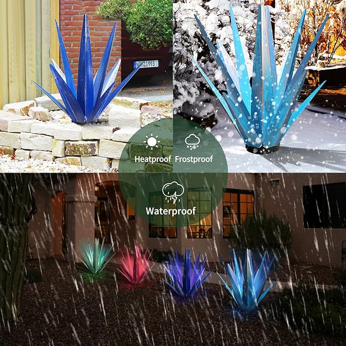 KODIBO Large Tequila Rustic Sculpture, Rustic Metal Agave Plants for Outdoor Patio Yard, Home Decor Hand Painted Metal Agave Garden Yard Statue, Outdoor Lawn Ornaments (Dark Blue - L (W/Solar Light))