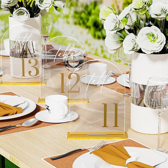 Arch Wedding Table Numbers 1-15 with Stands, Elegant Gold Number 5.5 x 7” Arch Acrylic Signs with Holder, Clear Acrylic Table Numbers for Wedding Reception, Anniversary, Party, Events