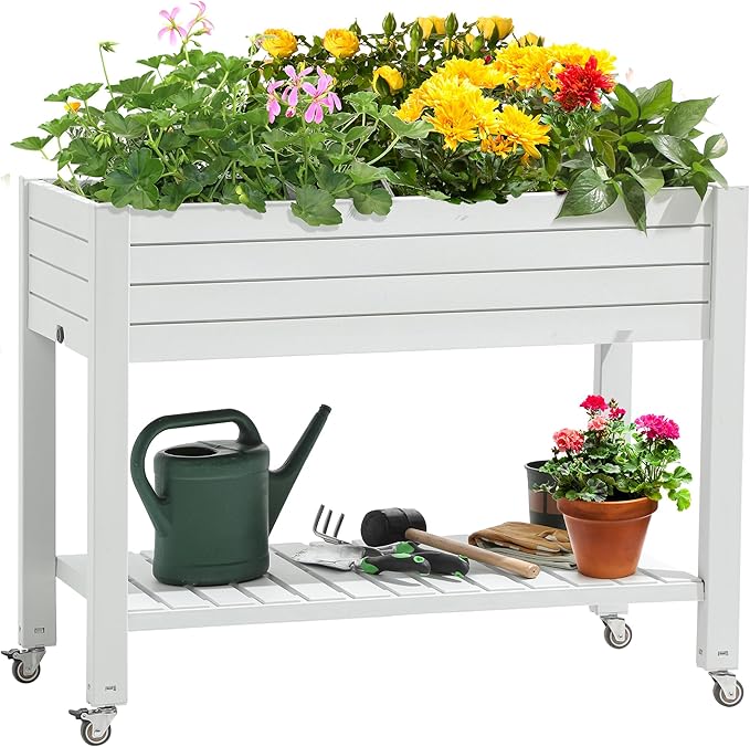 YITAHOME 43.3x17.7x34 in Elevated Garden Bed, Outdoor Plastic Planter Box with Wheels, Legs, Drain Plug, and Storage Shelf for Plants, Vegetables, Flowers, Herbs, Grayish-White