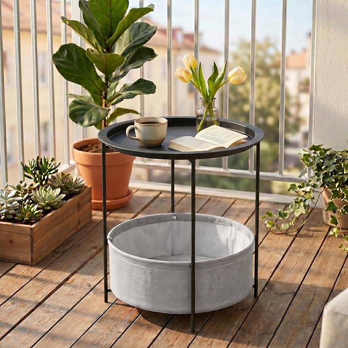 VECELO Round Side/End Table with Fabric Storage Basket，Metal Anti-Rust and Waterproof Small Bedside Nightstand with Removable Tray Top for Living Room，Balcony & Laundry，Black /2pcs with Basket