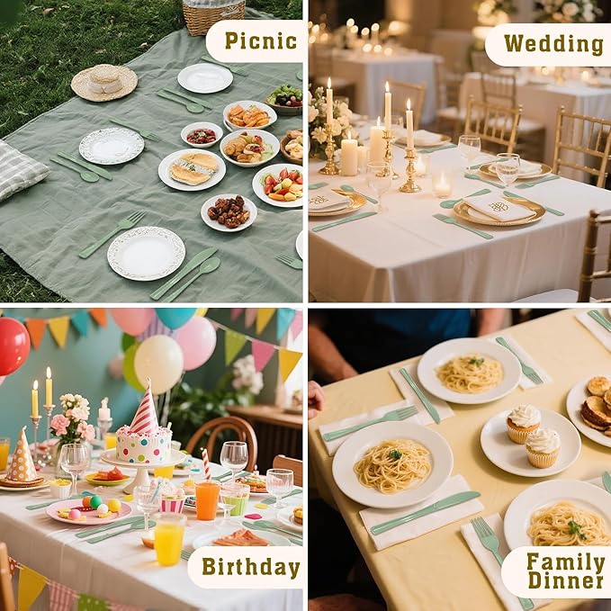 150 PCS Sage Green Plastic Silverware Heavy Duty Green Silverware Disposable Include 50 Disposable Plastic Forks, 50 Knives, 50 Spoons for Birthday, Baby Shower, Picnic, Spring Party, Wedding