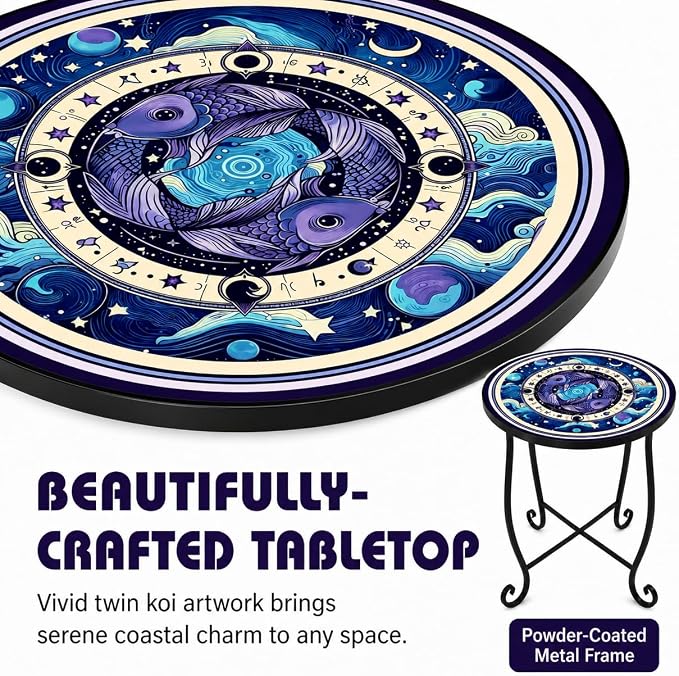 15 Inch Tall Outdoor Side Table, Metal Patio End Table with Twin Koi Fish Pattern, Rust Proof Black Small Garden Stool for Deck, Coastal Decor & Mermaid Table Gift