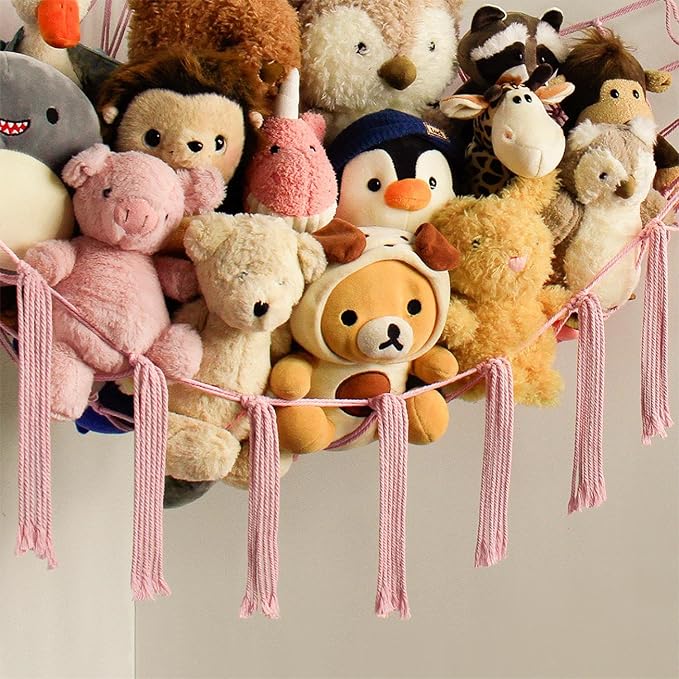 Stuffed Animal Storage Hammock Net - Toy Hammock Net for Stuffed Animals Corner - Hanging Stuff Animal Organizer Holder Large Pink Baby Nursery Room Decor