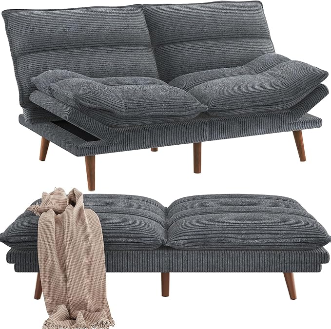 Pipishell Futon Sofa Bed, Convertible Futon Adjustable Backrest & Armrests, Corduroy Sleeper Couch for Small Spaces, Living Room, Office, Guest Room (Asphalt Grey, 66 Inch)