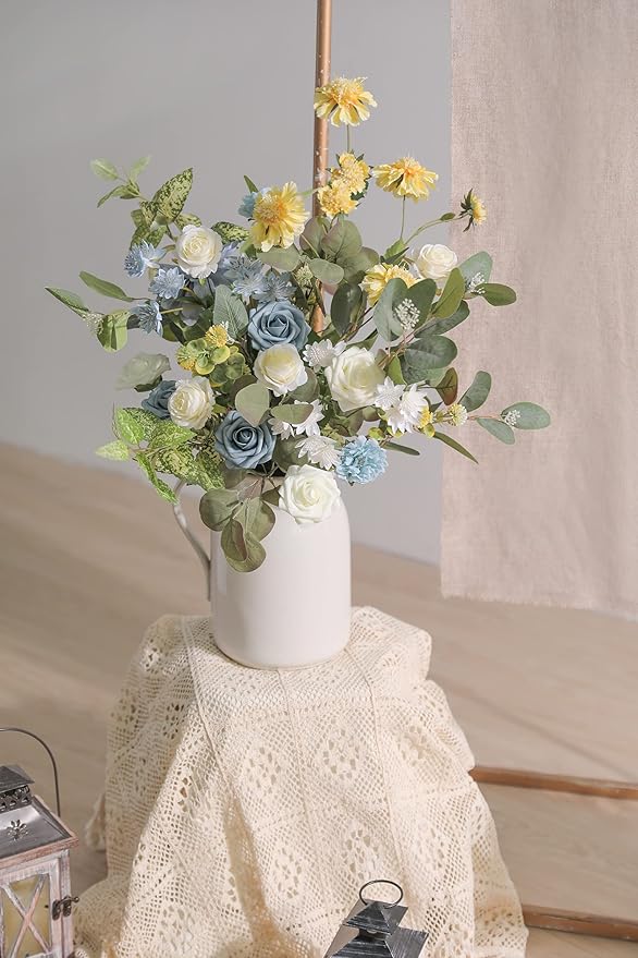 Artificial Flowers Combo Box Set Gradient Color Flower Leaf with Stems for DIY Wedding Bouquets Centerpieces Baby Shower Party Home Decor (Blue & White)