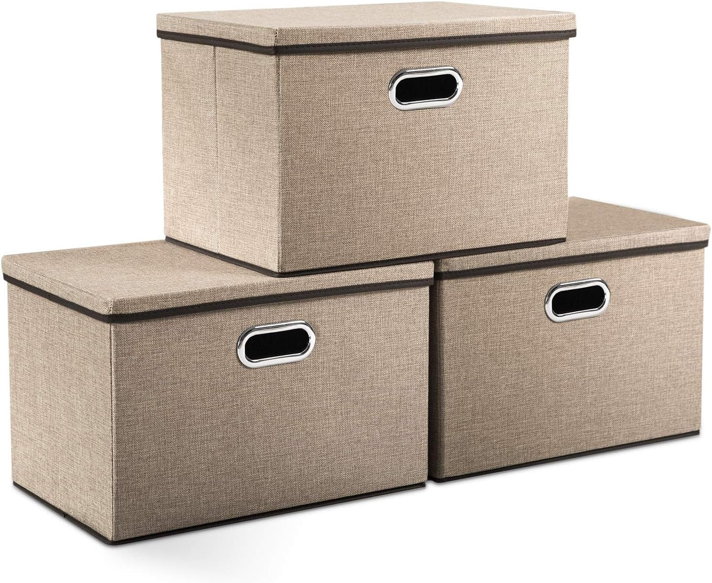 PRANDOM Large Collapsible Storage Bins with Lids [3-Pack] Jute Fabric Foldable Storage Boxes Organizer Containers Baskets Cube with Cover for Home Bedroom Closet Office Nursery (17.7x11.8x11.8)