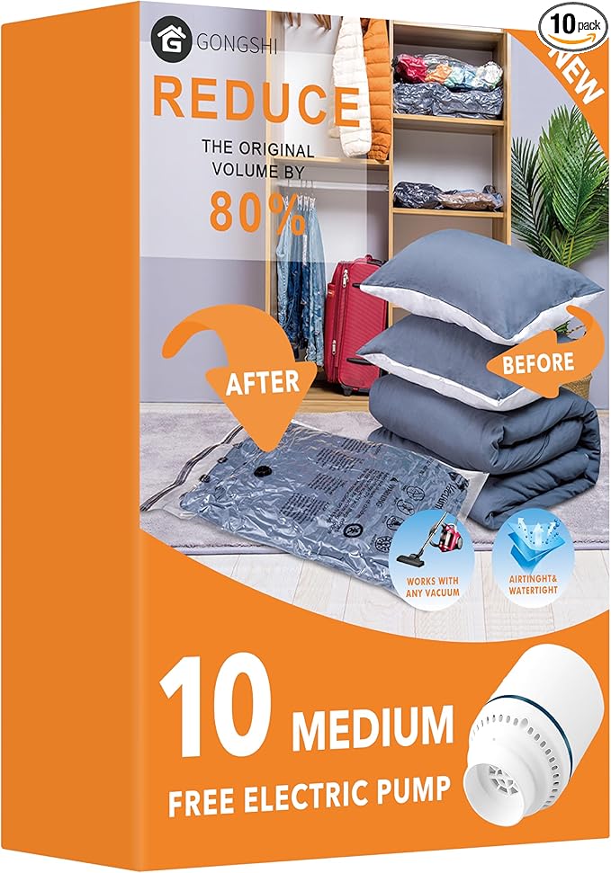 GONGSHI Vacuum Seal Bags for Clothing Travel & Home Storage, Travel Vacuum Bags with Electric Pump,Space Saver for Blankets, Comforters, Pillows, Clothes,10 Medium