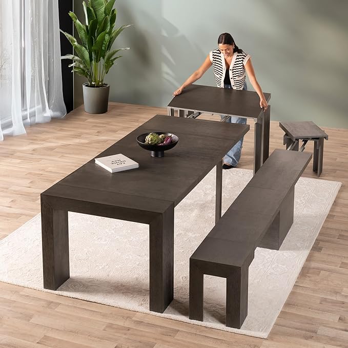 Transformer Table - Solid Wood Extendable Dining Table, Seats 2-12, Expandable Dining Room Table, Space-Saving Furniture, Kitchen and Dining Room Furniture (Dark Grey, Table + Bench)