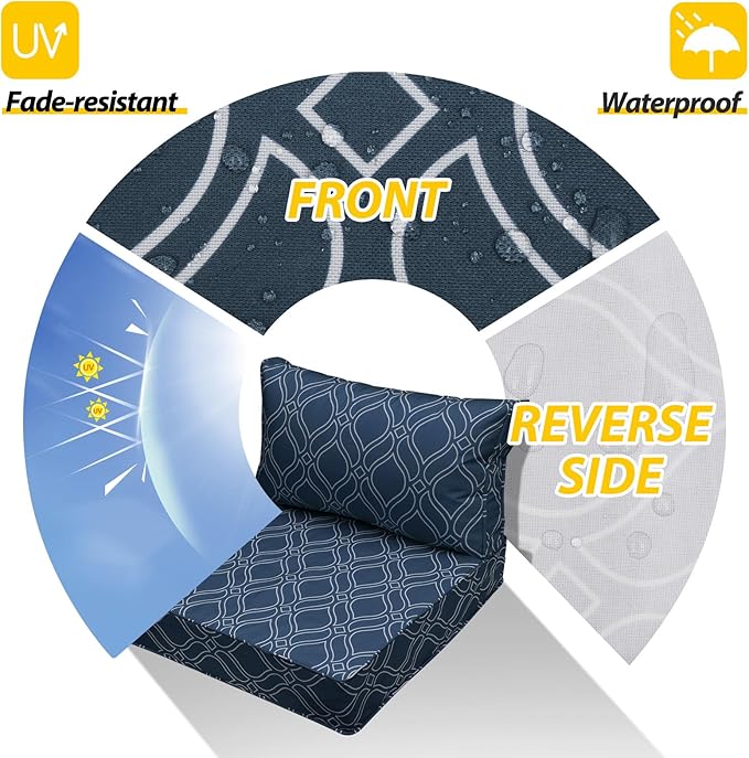 AAAAAcessories Outdoor Seat Cushions for Chairs, Fade-Resistant, Waterproof Patio Furniture Replacement Cushions, 24" x 24" x 5" + 24" x 13.5", Slate Blue Vine Trellis