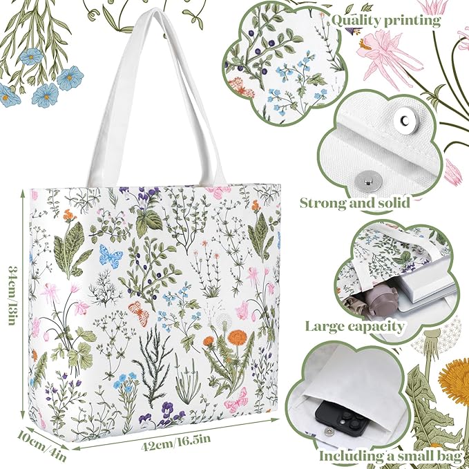 Bencailor 2 Pcs Spring Flower Canvas Tote Bags Reusable Wildflowers Herbs Plant Grocery Bags for Women Shopping Spring Gifts(Classic)