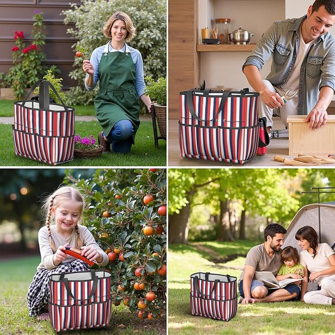 Classic Garden Tool Bag - Waterproof Blue Checkered Garden Tote with 8 Pockets, Large Storage Home Organizer Gardening Tool Oxford Bag for Garden Tools Kits Holder, Gardening Gift for Women & Men