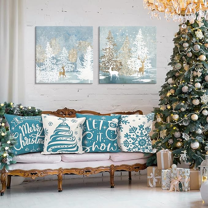 SEVEN WALL ARTS Christmas Wall Art Moose Deer Picture Wall Decor Natural Elk Canvas White Snow Trees Posters Snowflake Winter Blue Decorations for Living Room Farmhouse Bathroom Holiday Decor