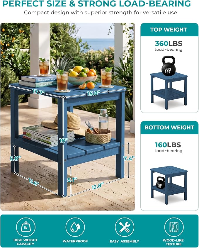 SERWALL 2-Tier HDPE Outdoor Side Table with Umbrella Hole, Weatherproof Rectangular Adirondack Side Table, Blue