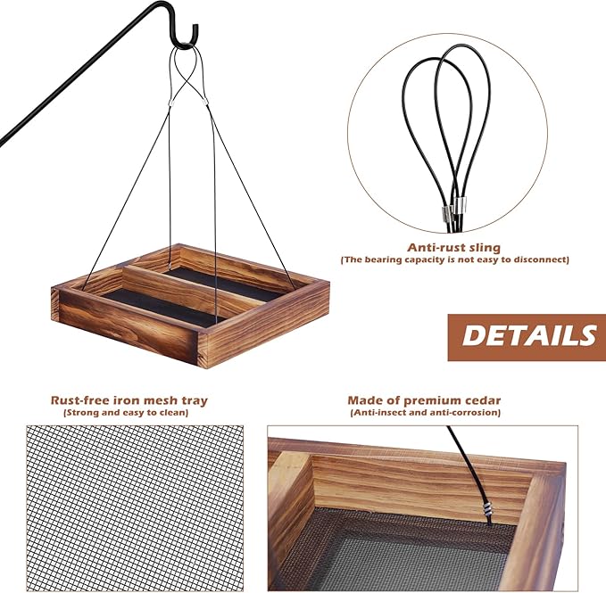 MIXXIDEA Bird Feeder Hanging Tray, Wooden Platform Hummingbird Feeder Mesh Seed Platform for Garden Yard Outside Decoration Attracting Wild Birds (Brown)