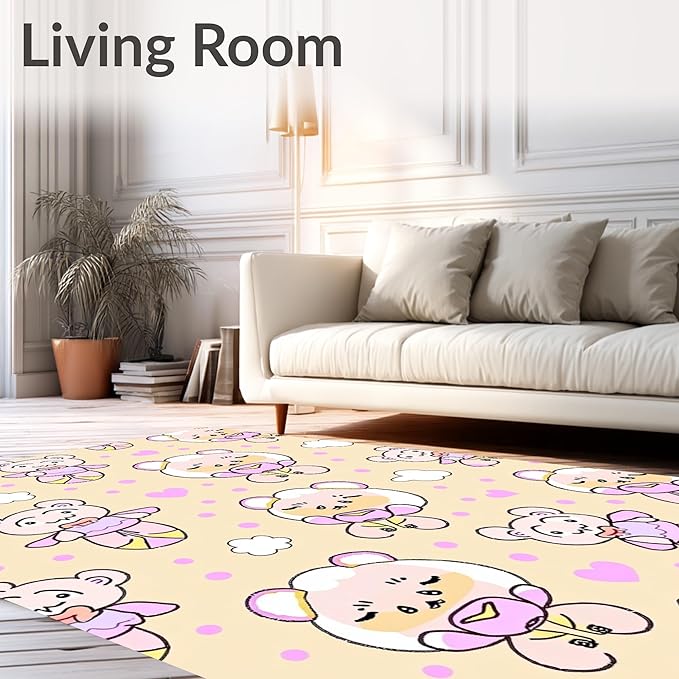 Flatwoven High Traffic Area Rug 8x10, Sweet Bear Balloon Interlocking Dot and Cloud Motif, Non Slip, Stain Resistant, Washable Area Rugs for Living Room, Bedroom (Beige, 8x10)
