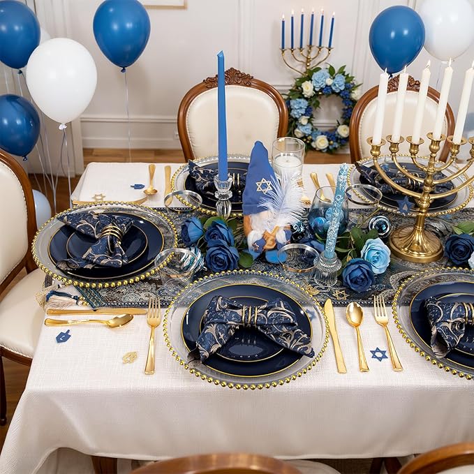 WDF 300PCS Navy Blue Plates Disposable - Blue Plastic Plates 50guest Heavy Duty Plastic Dinnerware Sets for Hanukkah/Party/Wedding/Birthday