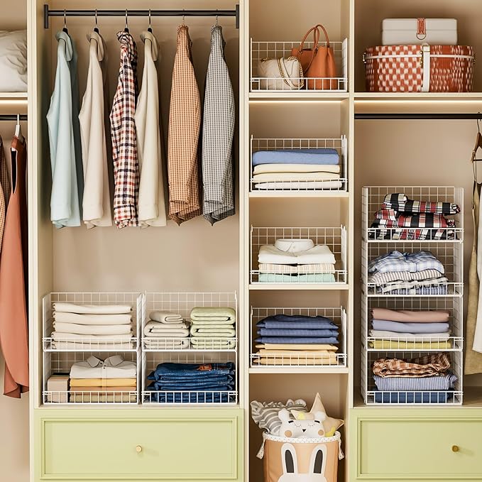 4-Tier Stackable Closet Organizers and Storage Basket, Foldable Closet Shelf Organizer System, Space-Saving Clothes Storage Drawer Organizer for Wardrobe, White (Patent Pending)