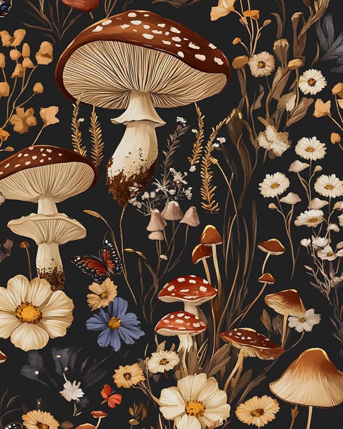 BOKEBEVE Peel and Stick Wallpaper Mushroom Wallpaper Vintage Floral Contact