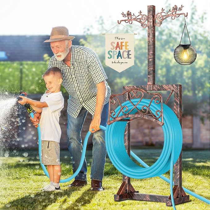 Garden Hose Holder with Shepherds Hooks,Detachable Water Hose Holder Holds 150 FT Hoses Freestanding Hose Reel with 5 Spikes Hoses Hanger Storage Stand for Outside Yard Lawn (Antique Bronze)