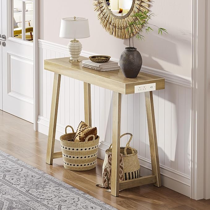 Huuger Entryway Console Table with Charging Station, USB-C Port, 39.4 Inch Sofa Table with Metal Legs, Entry Hallway Table with Thicker Desktop, Modern Behind Couch Table, Natural