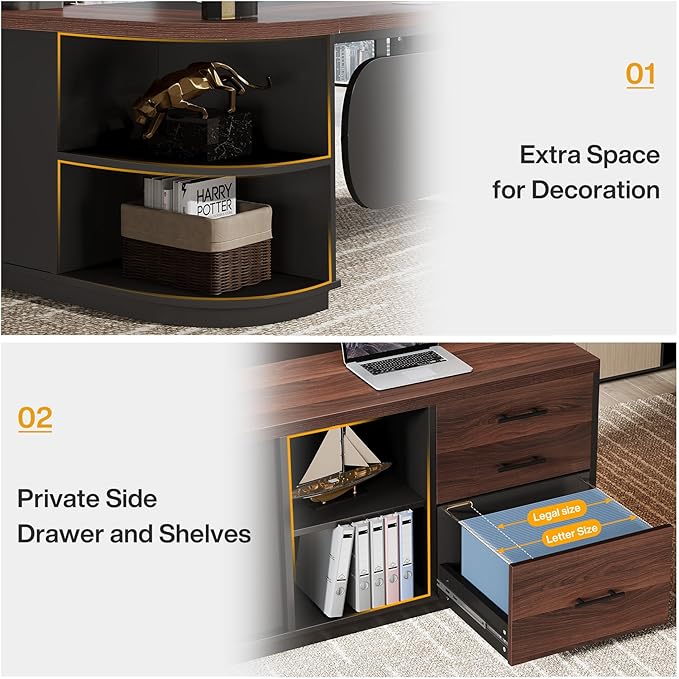 Tribesigns 80'' L-Shaped Desk Set of 4, Large Executive Office Desk with 55'' Drawers Cabinet, Modern Computer Table with Storage Shelves, Business Furniture for Office, Walnut & Black