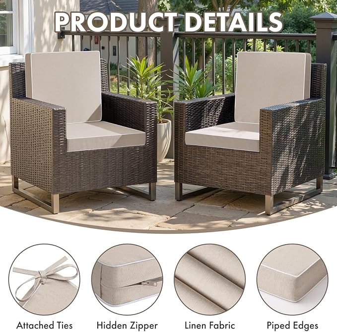 MIULEE Beige Outdoor Chair Cushions Set of 4, 18.5x16x3 Inch Waterproof Patio Seat Cushions for Outdoor Furniture Couch Sofa, 3 Year Color Fastness High Density Foam with Adjustable Ties