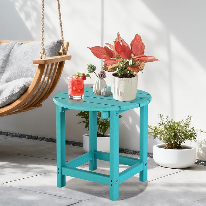 LZRS Round Adirondack Patio Side Table End Table, Outdoor Side Tables for Patio, Backyard,Pool, Indoor Companion, Easy Maintenance & Weather Resistant(Turquoise)