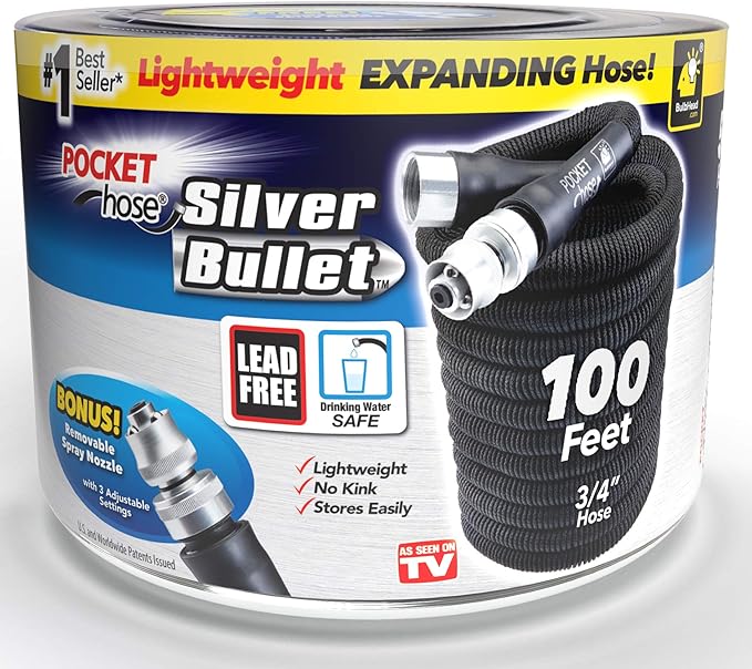 Pocket Hose Silver Bullet 100 ft Turbo Shot Nozzle Multiple Spray Patterns Expandable Garden Hose 3/4 in Solid Aluminum Fittings Lead-Free Lightweight and No-Kink, Black