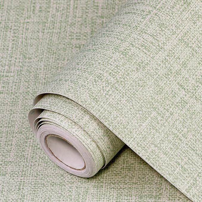 Green Grasscloth Wallpaper 17.3"x160" Faux Linen Textured Contact Paper