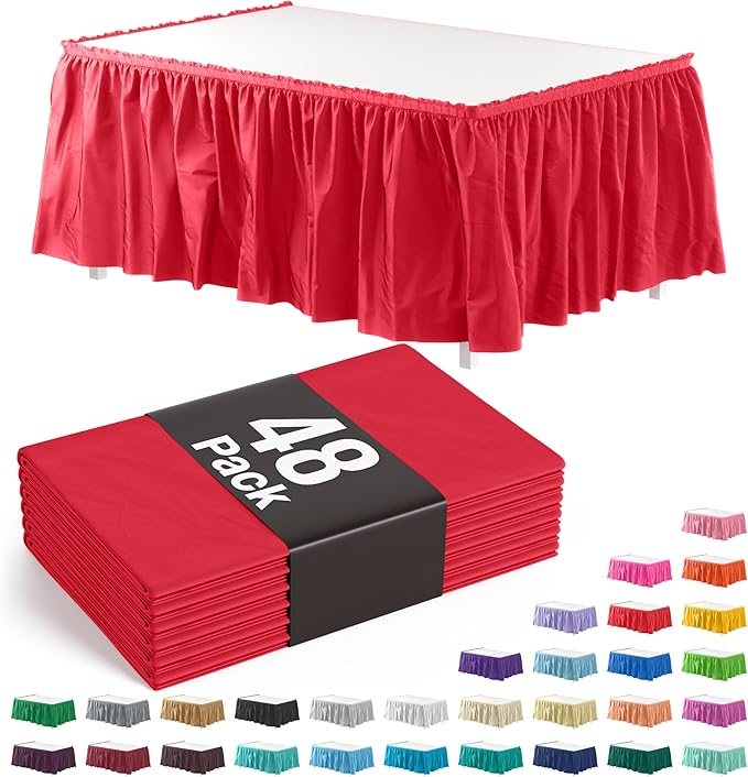Exquisite Ruffle Table Skirt Red 48 Pack 14 Ft Long Table Skirts for Rectangle Tables 6ft Plus or Round Tables Skirts with Adhesive Strip for Gender Reveal Decor & Happy Birthday Parties