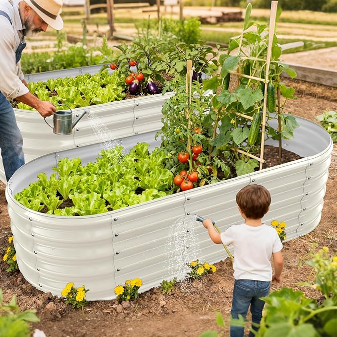 YSEJOMP 17" Tall Outdoor Garden Raised Garden Bed Kits, 5ft X 2ft Oval,0.8MM Thick Metal Raised Planter Bed/Ground Planter Box for Variety of Flowers,Herbs,Vegetables (Cream White, 60X24X16.5 Inches)
