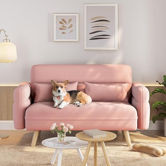 Yaheetech 46" Small Modern Fabric Sofa Loveseat Mid Century 2 Seater Sofa Couch with Lumbar Pillows, Solid Wood Legs for Living Room, Small Space, Dorm, Office, Bedroom, Pink