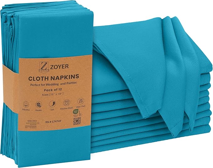 Zoyer Cloth Napkins Set of 12, 18x18 Inches Cotton Enrich Napkins Cloth ‎Washable, Soft & Durable Dinner Napkins for Parties, Wedding, Christmas, ‎Thanksgiving & Everyday Use - Teal