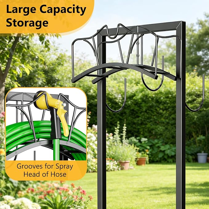 Garden Hose Holder Holds 2 x 150FT Hoses, Freestanding Hose Holder with 4 Spikes, Rustproof Water Hose Holder Storage for Outside Yard Lawn Farm