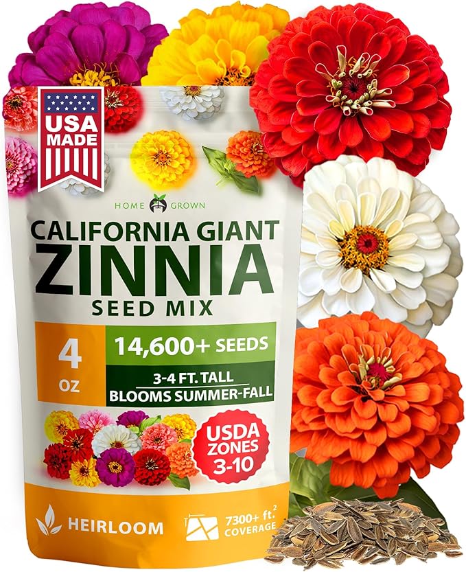 HOME GROWN Zinnia Seeds for 2026 - California Giant Mix - 14,600+ (4 oz) Plant Wildflower Blooms Bulk Seeds for Planting Flowers Outside - Pollinator Gardens (Zinnia elegans)