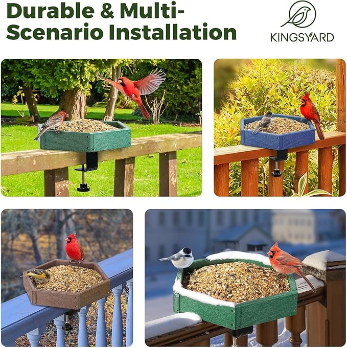 Kingsyard Clamp-On Deck Bird Feeder 11in Hexagon, Adjustable Balcony Railing Clamp 2.2in No-Drill, Recycled Plastic Seed Tray Metal Mesh Drainage Easy-Clean 3 lb,Green